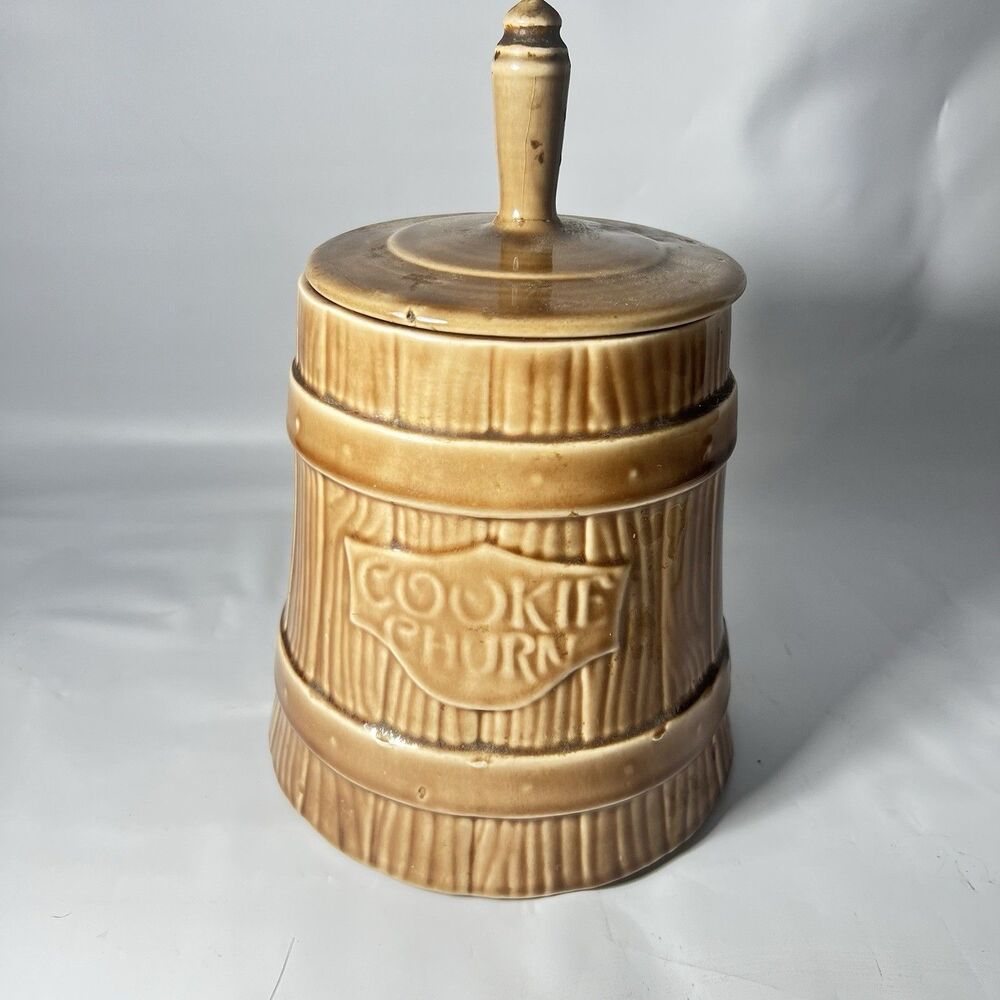 McCoy Vintage Pottery Butter Churn Yellow Dogwood Cookie Jar, 12" Ceramic